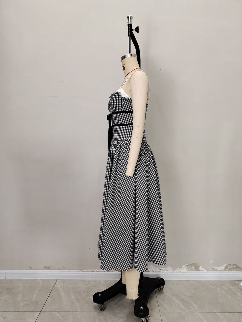 Plaid Strapless Ruched A-Line Maxi Dress Women N6F222