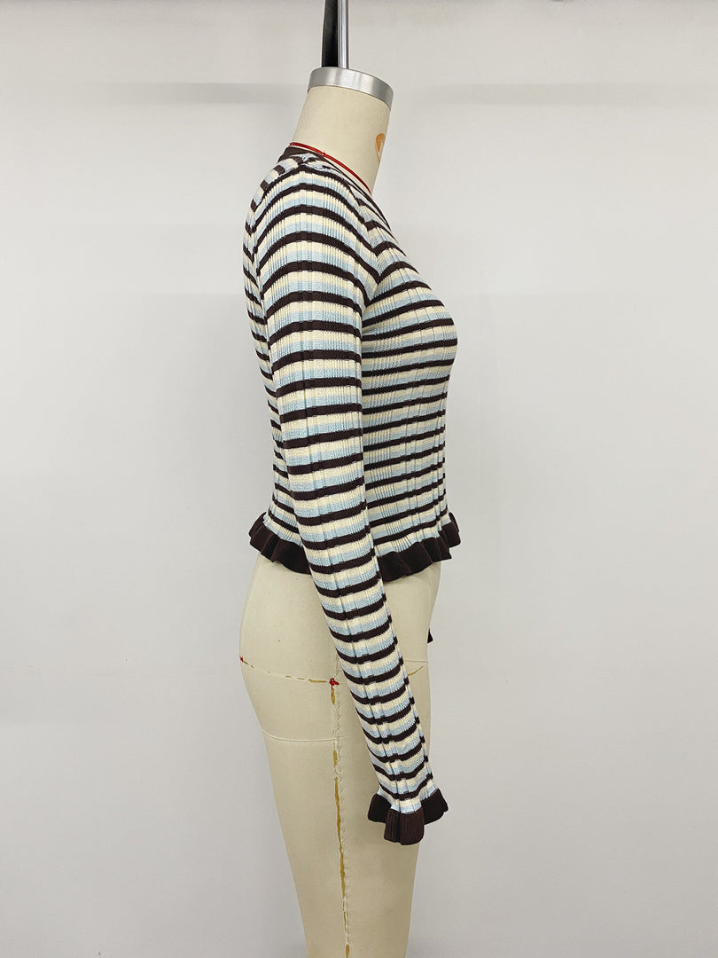 Striped Round Neck Cropped Flare Sleeve Sweater N6H297