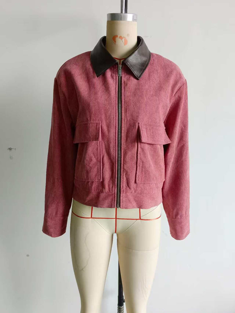 Corduroy Blend Leather Collar Jacket Women N6C138