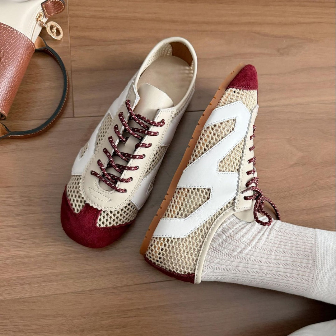 Color-Block Mesh Lace-Up Flats Women Breathable N6G247