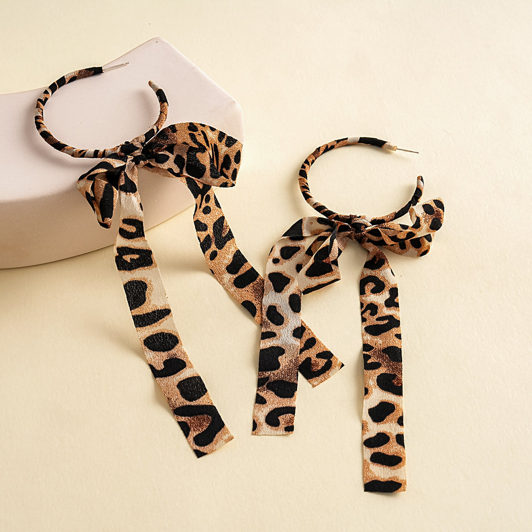 Womens Vintage Leopard Print Bow Tassel Fabric Stud Earrings N6K169