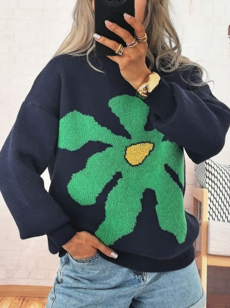 Floral Contrast Round Sweater Mid Heavy Options N5A220