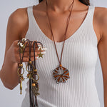 Load image into Gallery viewer, Leather Cord Wood Bead Star Leaf Sweater Chain N6H138