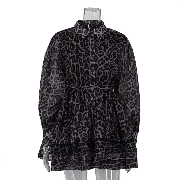 Leopard Print Chiffon Dress with Lapel and Puff Sleeve N6C192