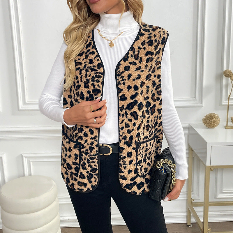VNeck Leopard Cardigan Vest Lightweight Lamb Wool N5A173