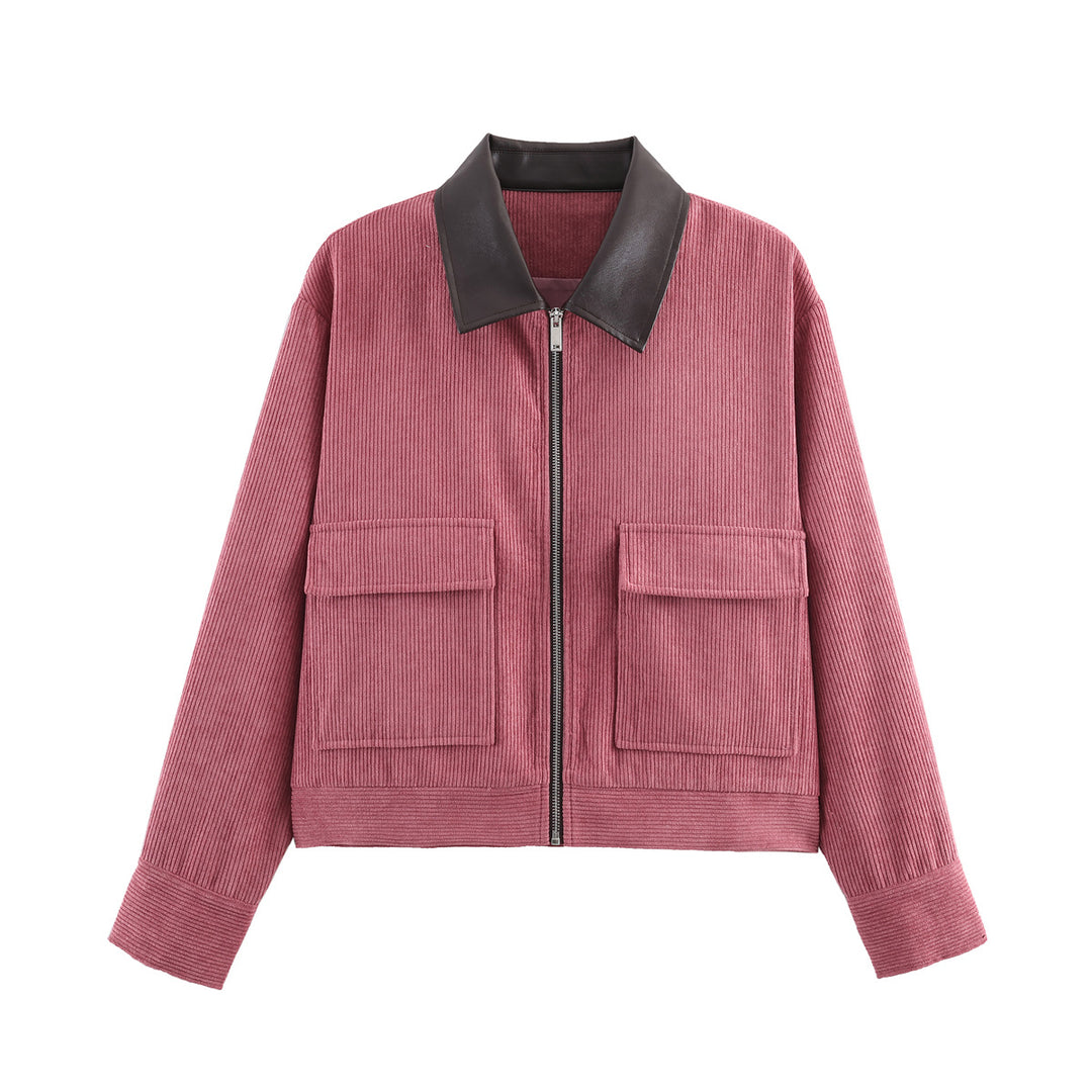 Corduroy Blend Leather Collar Jacket Women N6C138