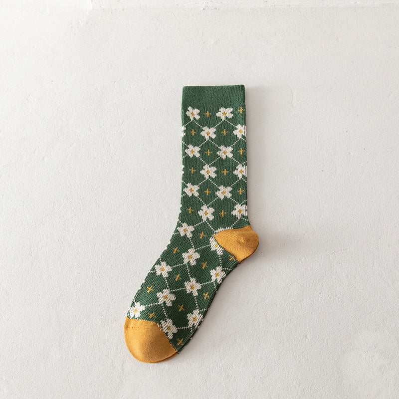 Double Needle Knit Mid-Calf Socks Women Cotton N6H022