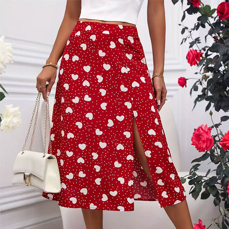 Printed Heart Polka Dot Slit Midi Pencil Skirt N6A124