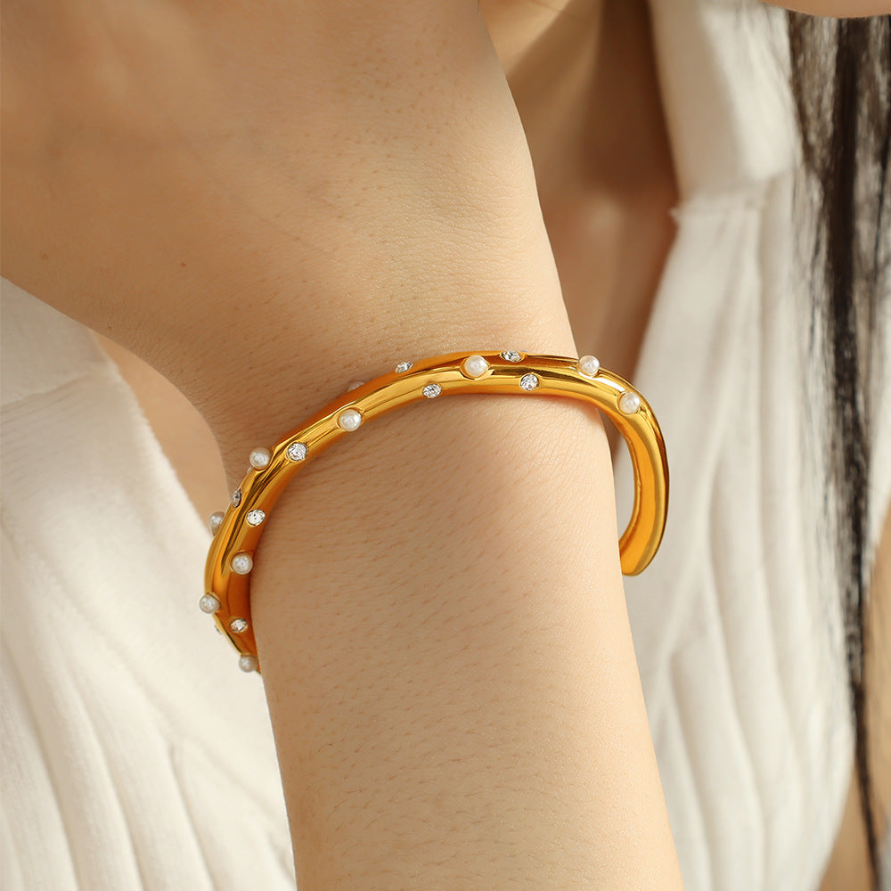 Pearl Bangle Titanium Steel 18K Plated Adjustable S5P083