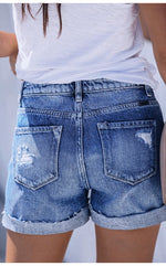 Load image into Gallery viewer, Distressed Rolled Hem Button-Fly Denim Shorts  N6C185