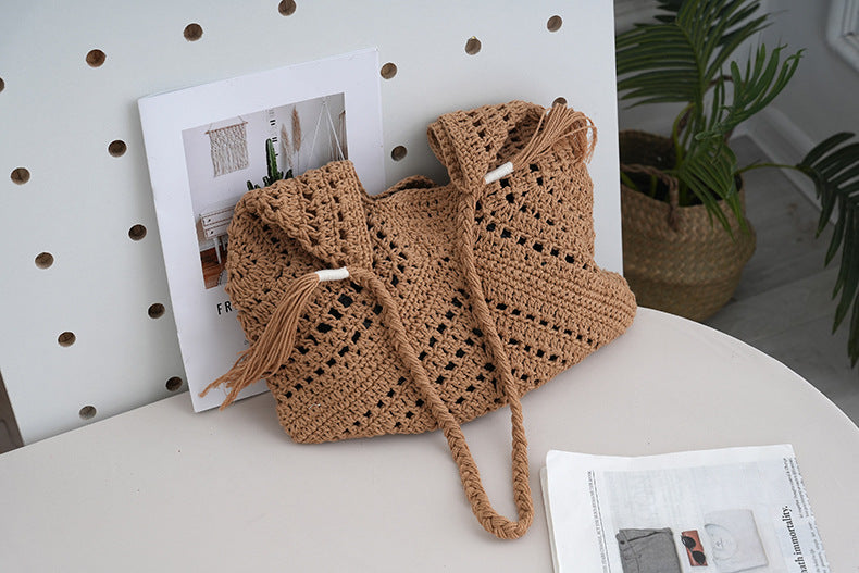 Hand Woven Openwork Cotton Shoulder Bag Underarm S5P297