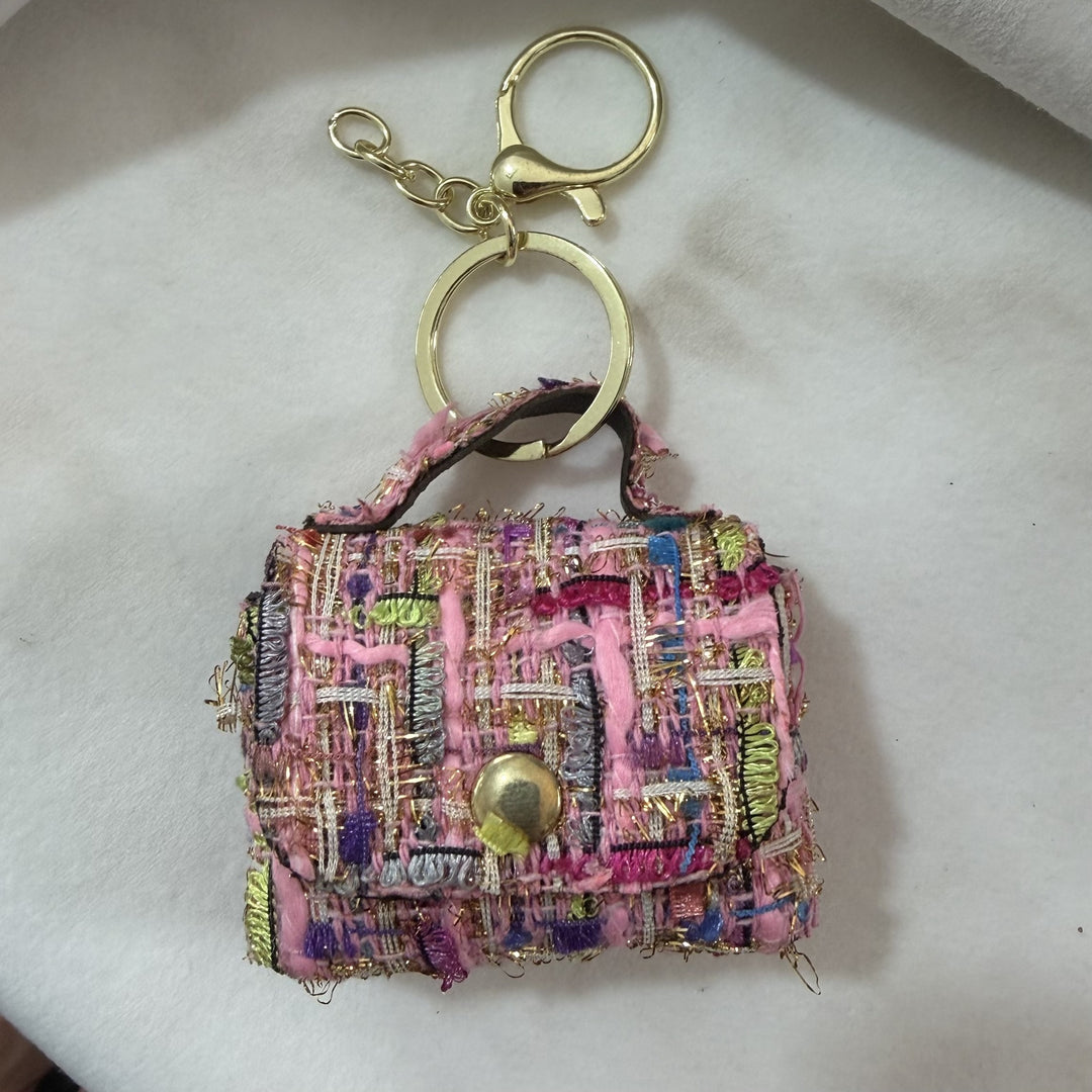Tweed Earphone Coin Pouch Keychain Bag Charm Pink N6G109