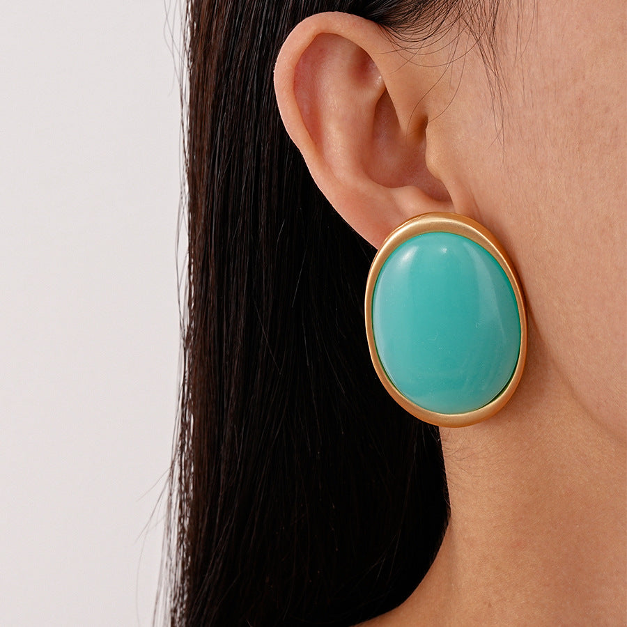 Vintage Resin Oval Geometric Silver Stud Earrings N6H089