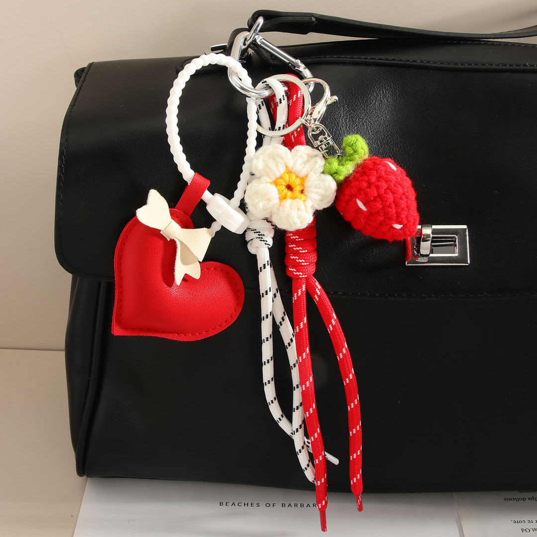 Heart Bow Strawberry Woven Rope Bag Charm Keychain  S5P939