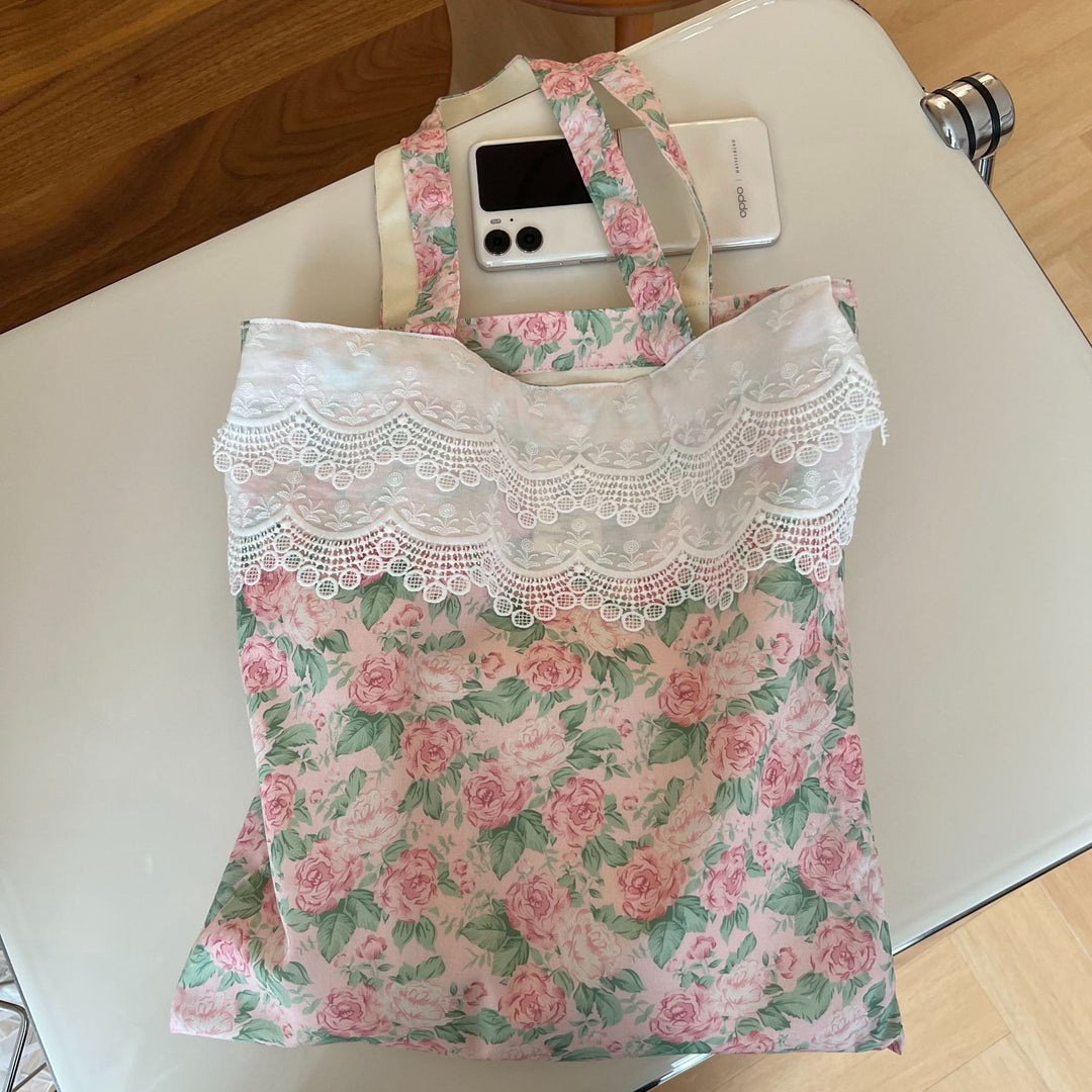 Floral Lace Trim Canvas Tote Bag Women Book Bag N6E036