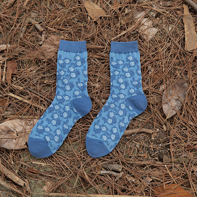 Vintage Blue Ethnic Style Mid-Calf Cotton Socks Women N6H020