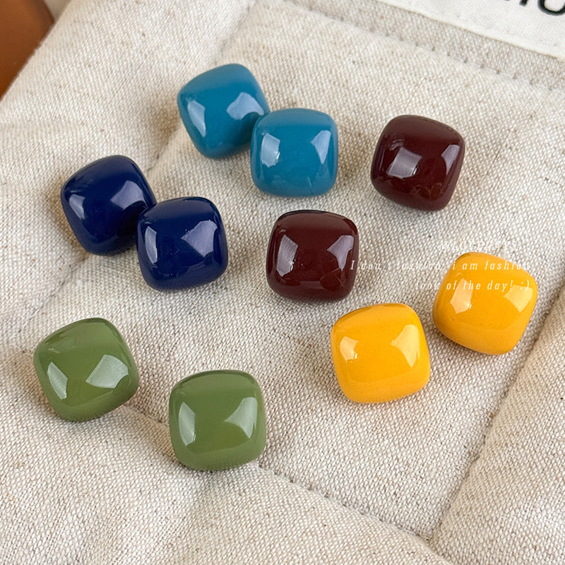 Candy Color Rounded Square Glossy Stud Earrings Women N6H104