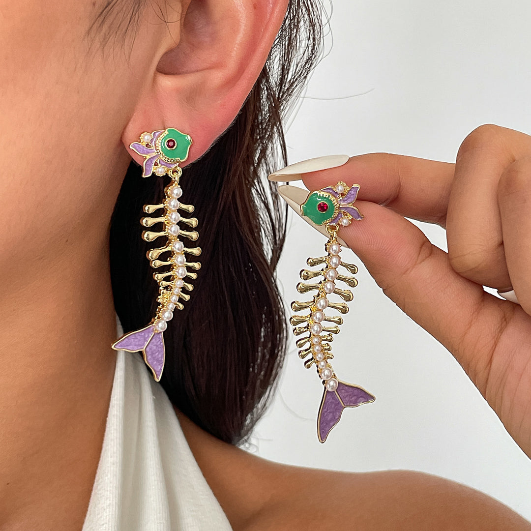 Womens Rhinestone Fish Tassel Alloy Stud Earrings N6K175