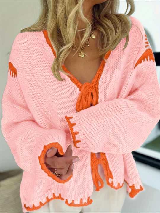 Contrast Tie Cardigan Lightweight Pink N5Z884