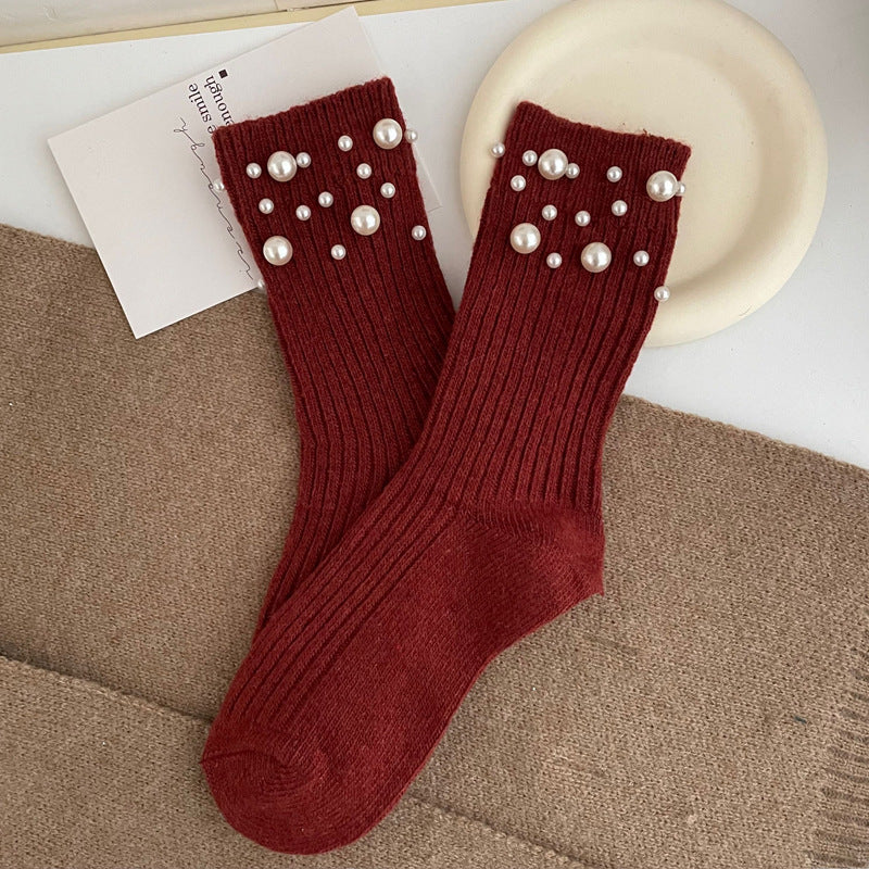 Pearl Rivet Beaded Rabbit Wool Blend Stack Socks N6H036
