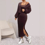 Load image into Gallery viewer, Cable Knit Slip Dress Set Women Fleece Lined Two Piece N5A082
