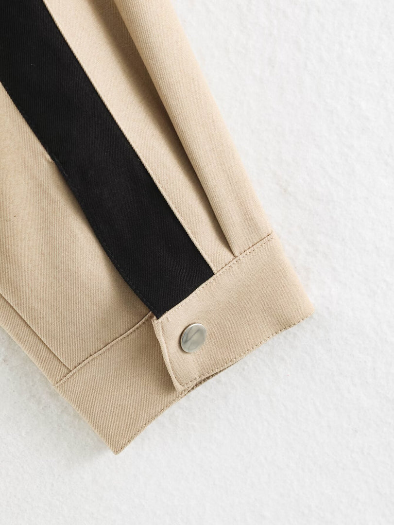 Loose Colorblock Stand Collar Zip Jacket Women Khaki N6H126