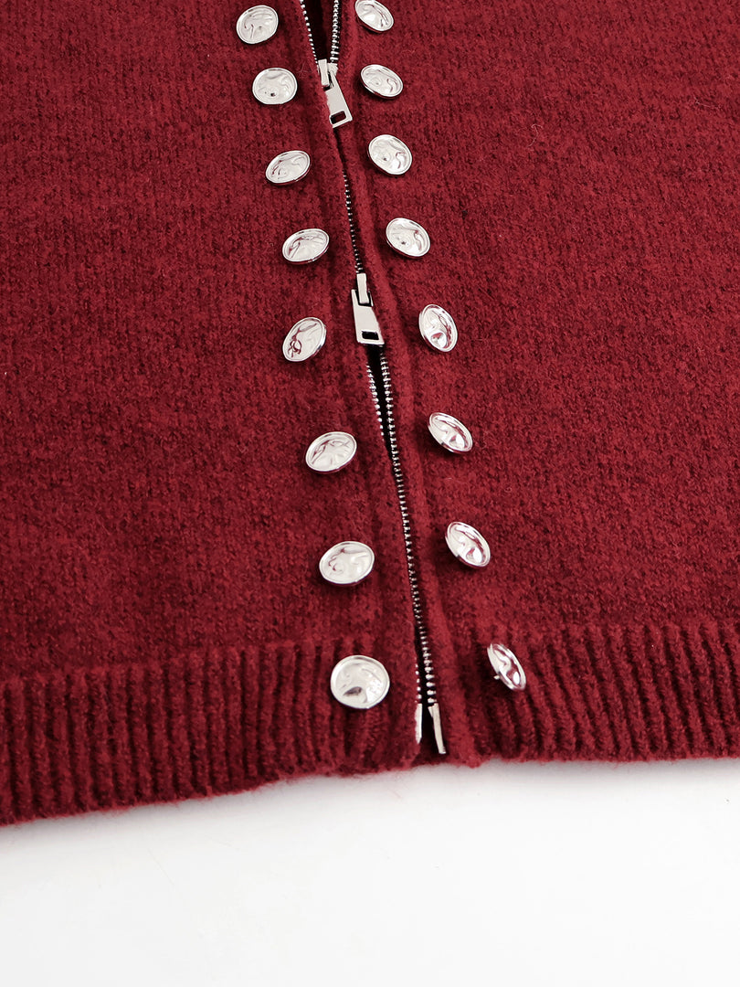 High Neck Zip Front Faux Button Knit Cardigan Women N6H270