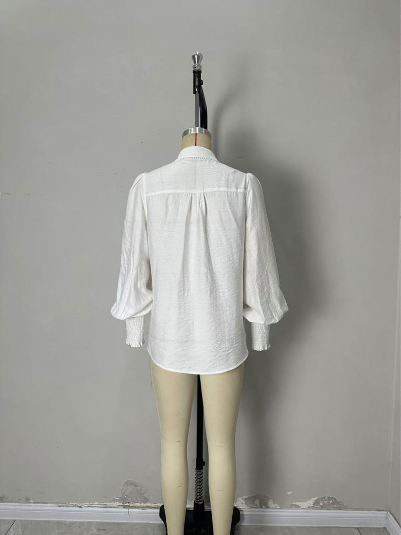 White Shirt Collar Flounce Sleeve Lace Shirt Women N6C123