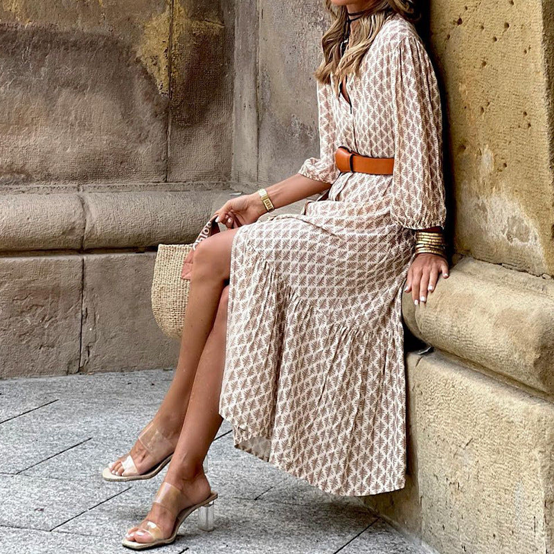 Belted V Neck Maxi Dress Minimalist N5Z176