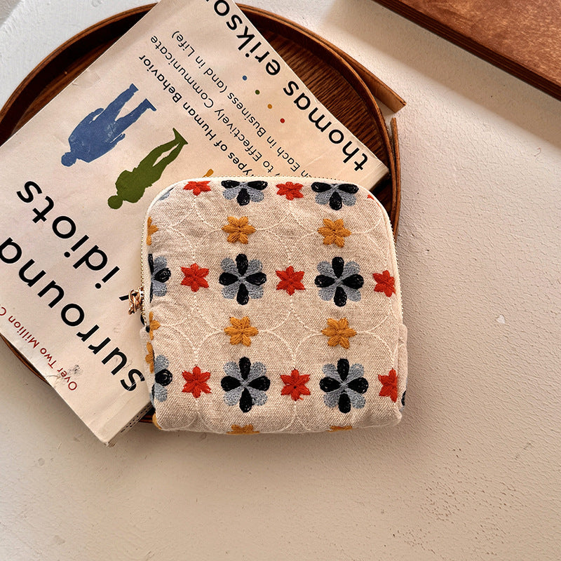 Embroidered Floral Linen Cotton Pouch Organizer S5P974