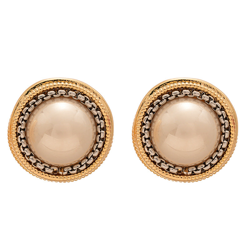 Contrast Chain Faux Pearl Round Silver Stud Earrings N6H152