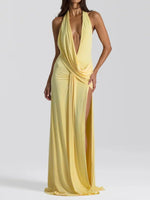Load image into Gallery viewer, Deep V Tie Halter Dress Lightweight Buttercup N5Z833
