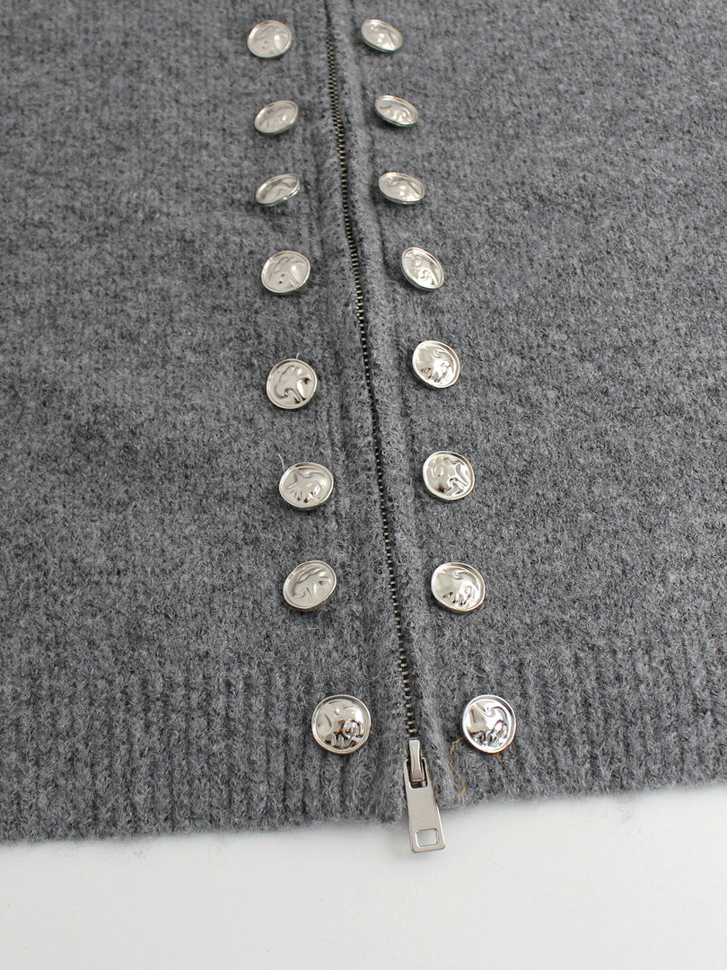 High Neck Zip Front Faux Button Knit Cardigan Women N6H270
