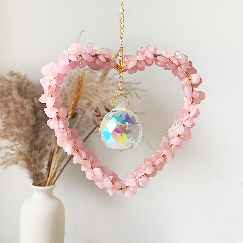 Natural Crushed Crystal Heart Sun Catcher Decor N6F291