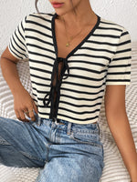 Load image into Gallery viewer, Striped Tie-Front Knit Cardigan Short Sleeve  N6G174