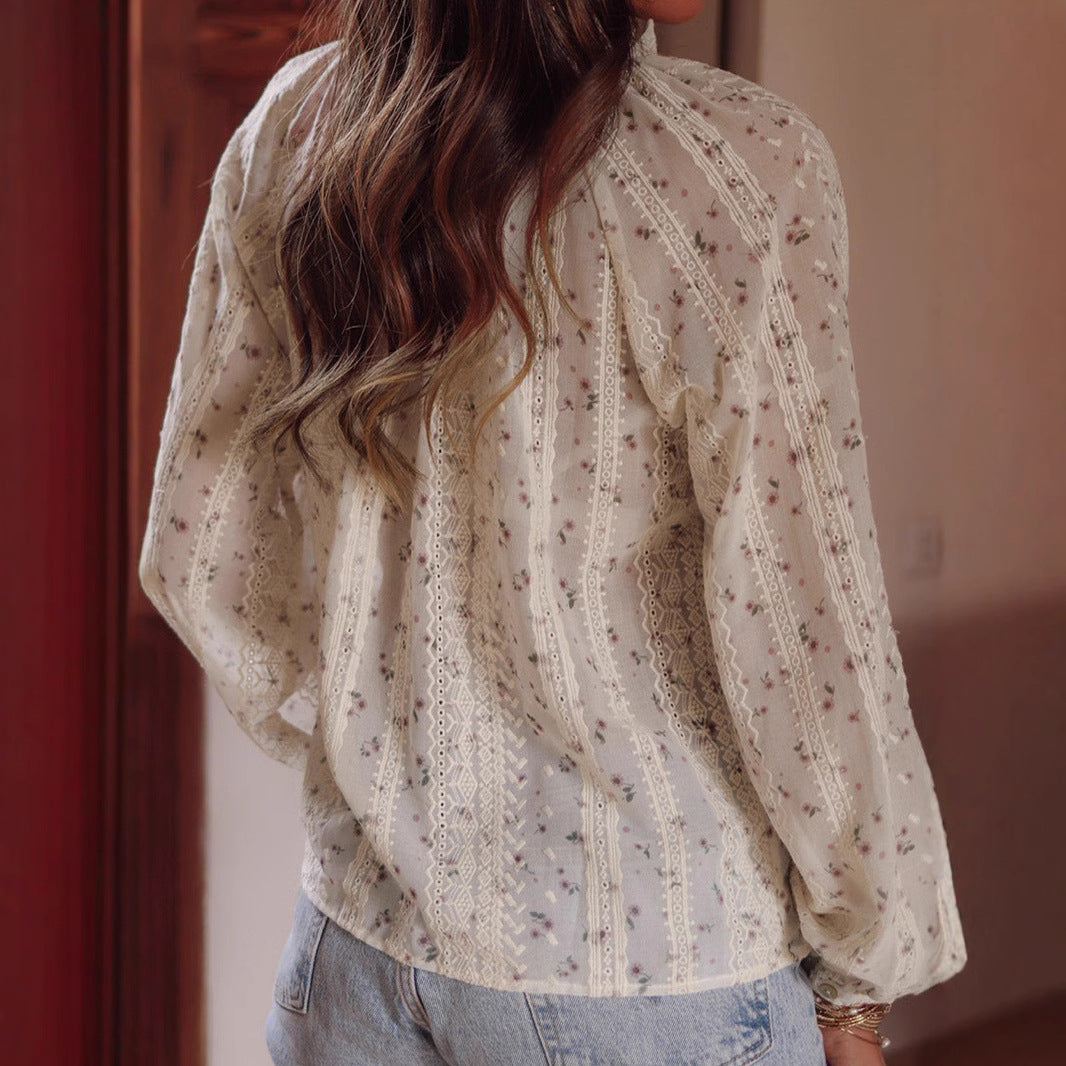 BohoSheer Embroidered Blouse Lightweight Beige N5A150