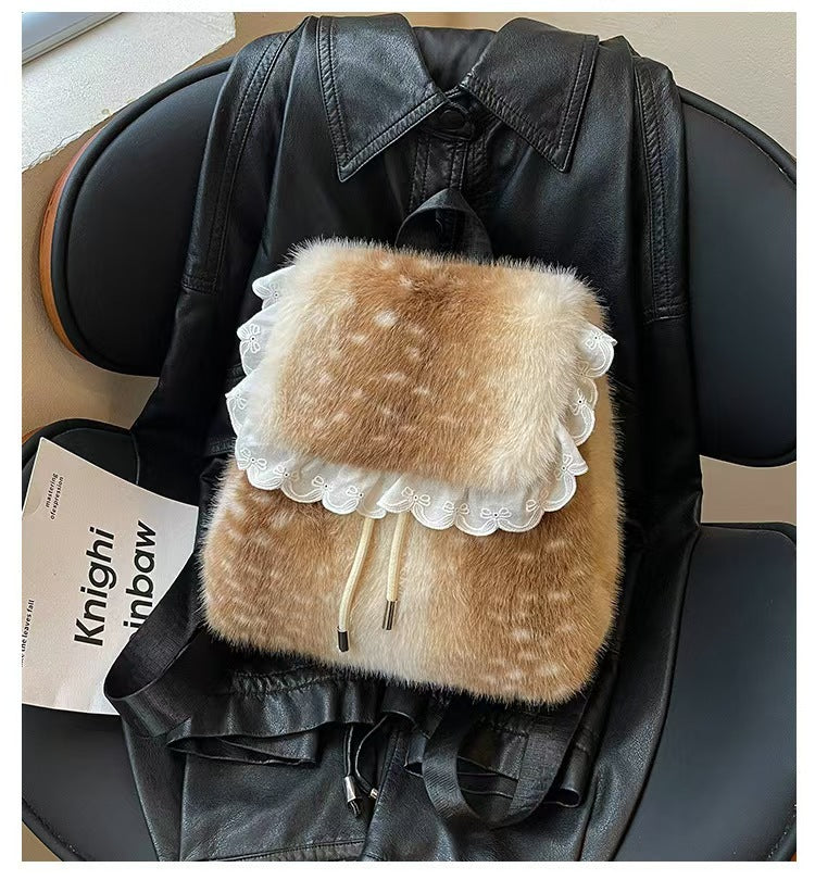 Women's Plush Deer Print Shoulder Tote Bag N6J173
