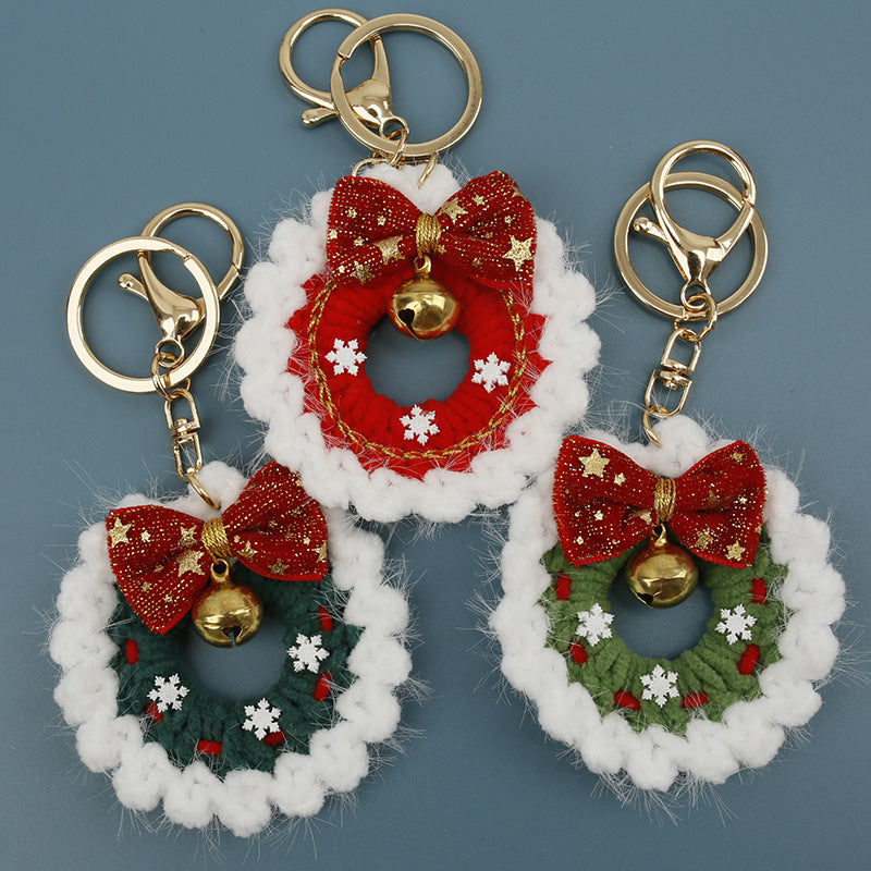 Hand Crocheted Velvet Christmas Wreath Bell Keychain N6K297