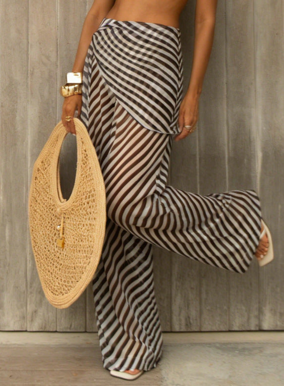 Black Striped Mesh Lace-Up Beach Pants N6D210