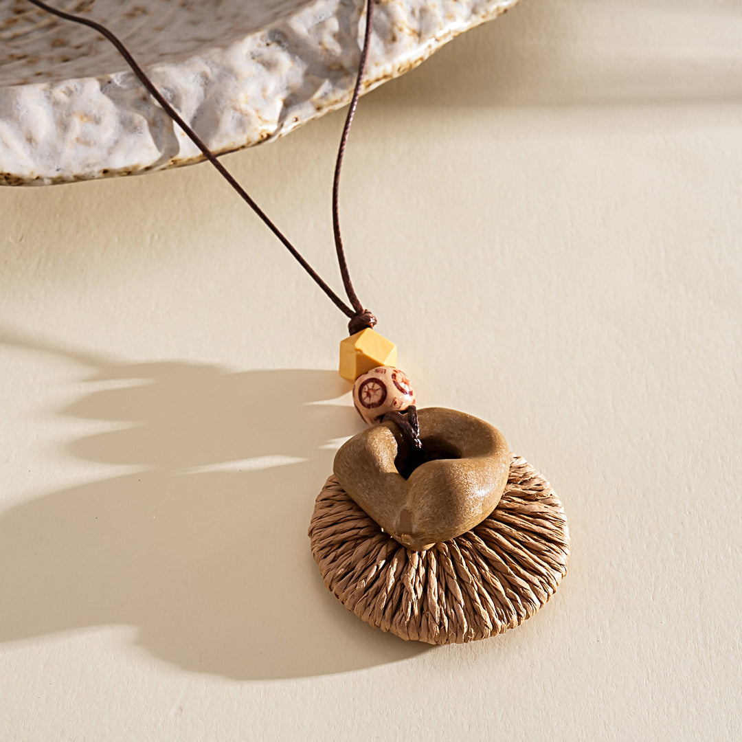 Leather Cord Wood Resin Raffia Drop Pendant Necklace N6H139