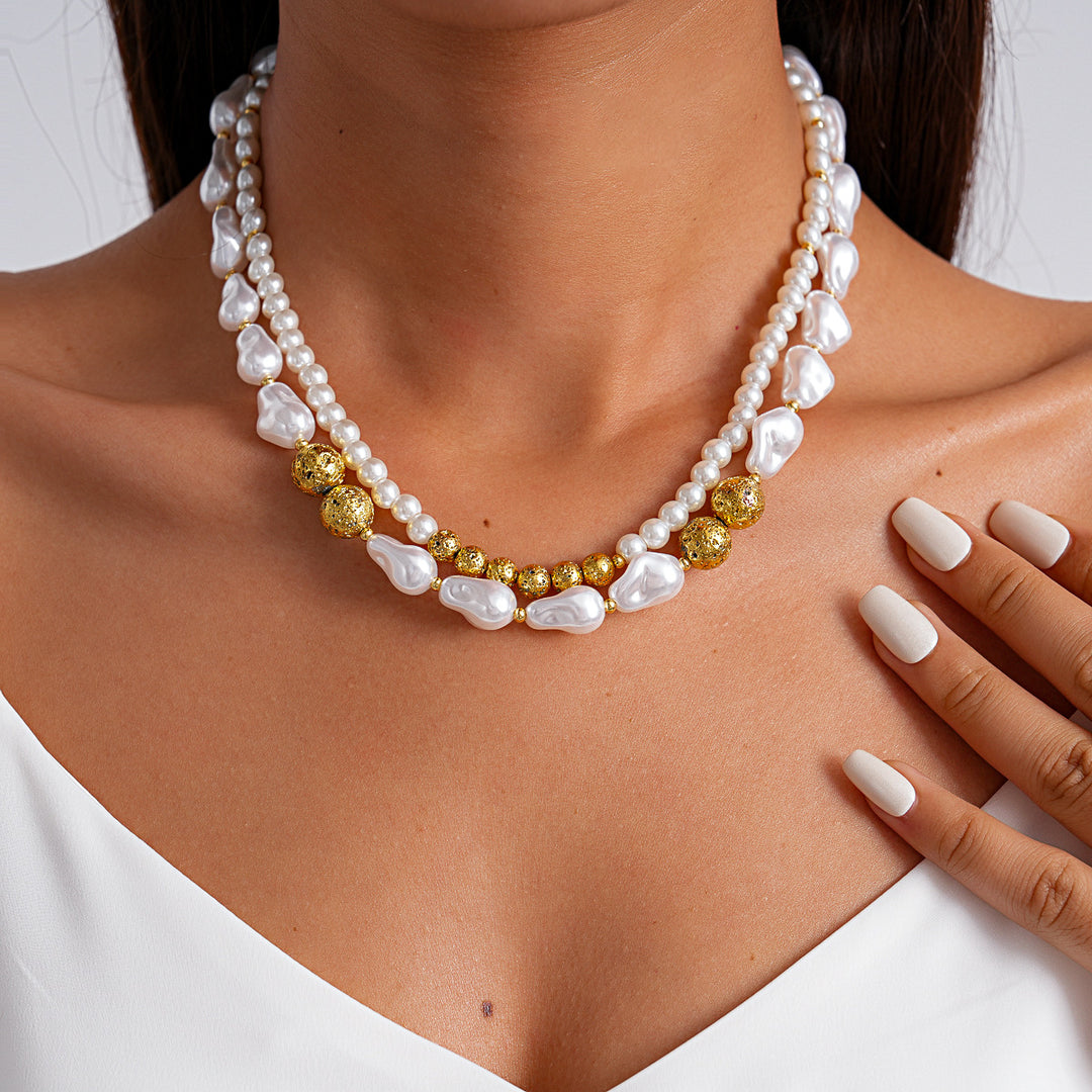 Vintage Double Layer Pearl Beaded Geometric Choker N6H147
