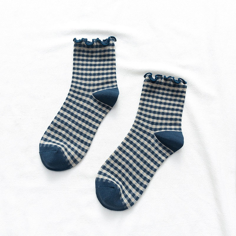 Plaid Ruffle Trim Mid-Calf Socks Women Preppy N6H006