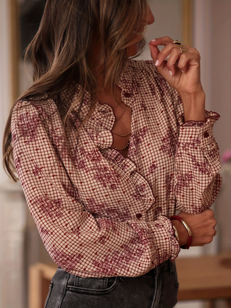 Long Sleeve Ruffle Plaid Blouse Women Brown N6A157