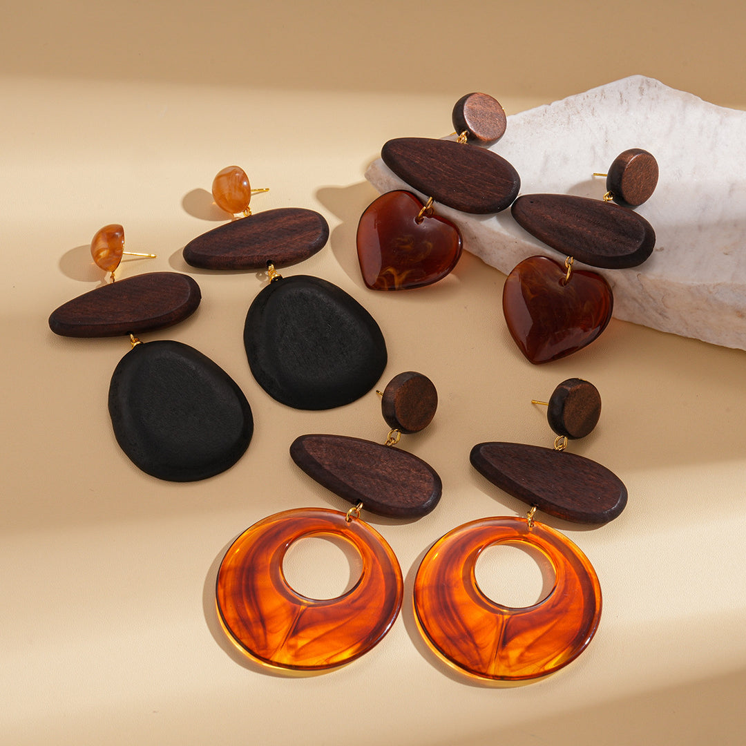 Resin Wood Drop Heart Round Silver Stud Earrings N6H090