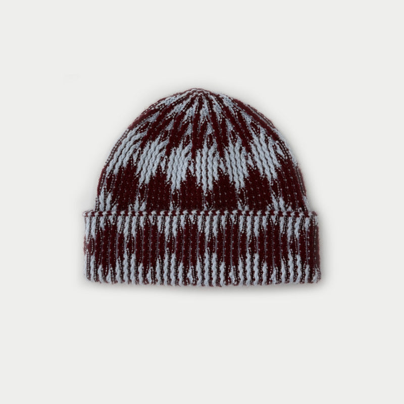 Unisex Wool Blend Diamond Colorblock Knit Beanie N6J106