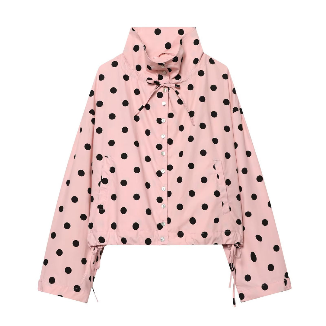 Pink Polka Dot Stand Collar Jacket Women N6C113