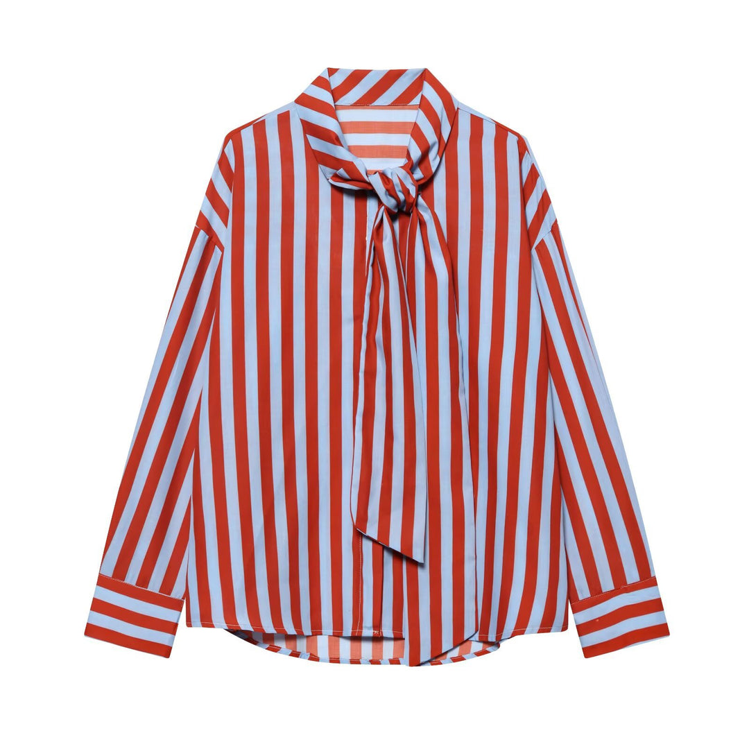 Bow Tie Striped Long Sleeve Shirt Women N6C108