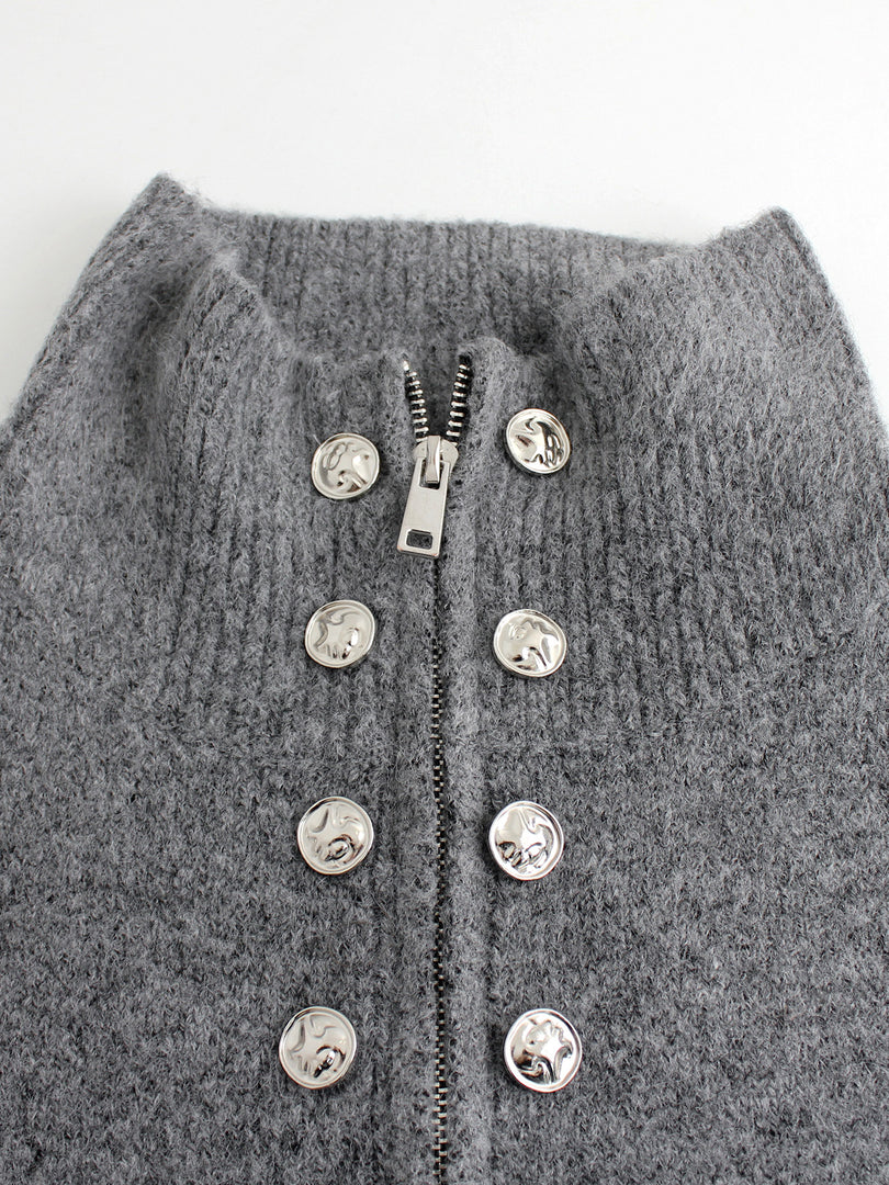 High Neck Zip Front Faux Button Knit Cardigan Women N6H270