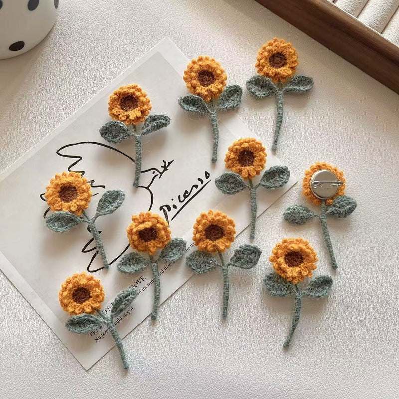 Hand Knit Sunflower Brooch Fabric Flower Pin N6G038