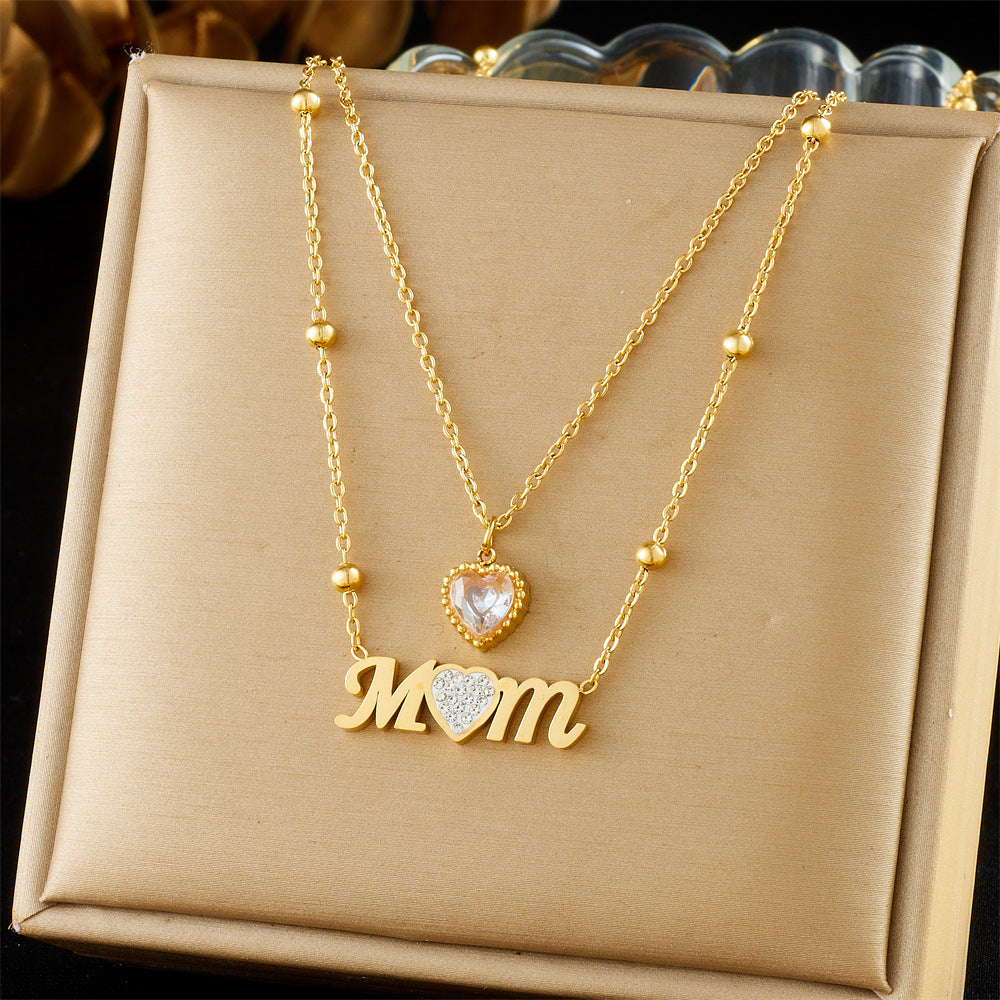 MOM Heart Zircon Layering Necklace Women N6D507